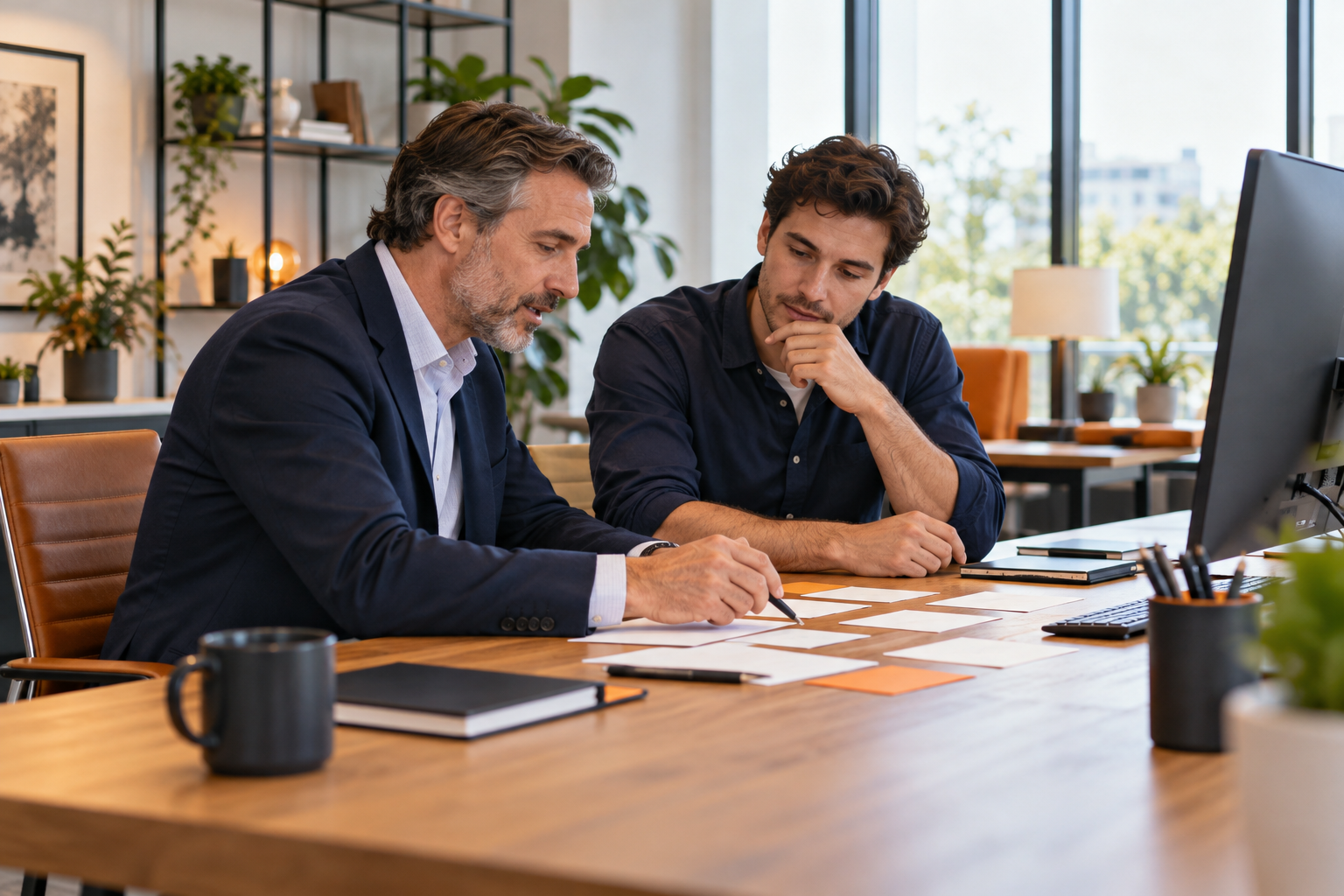 Two colleagues discussing a workflow at an office desk