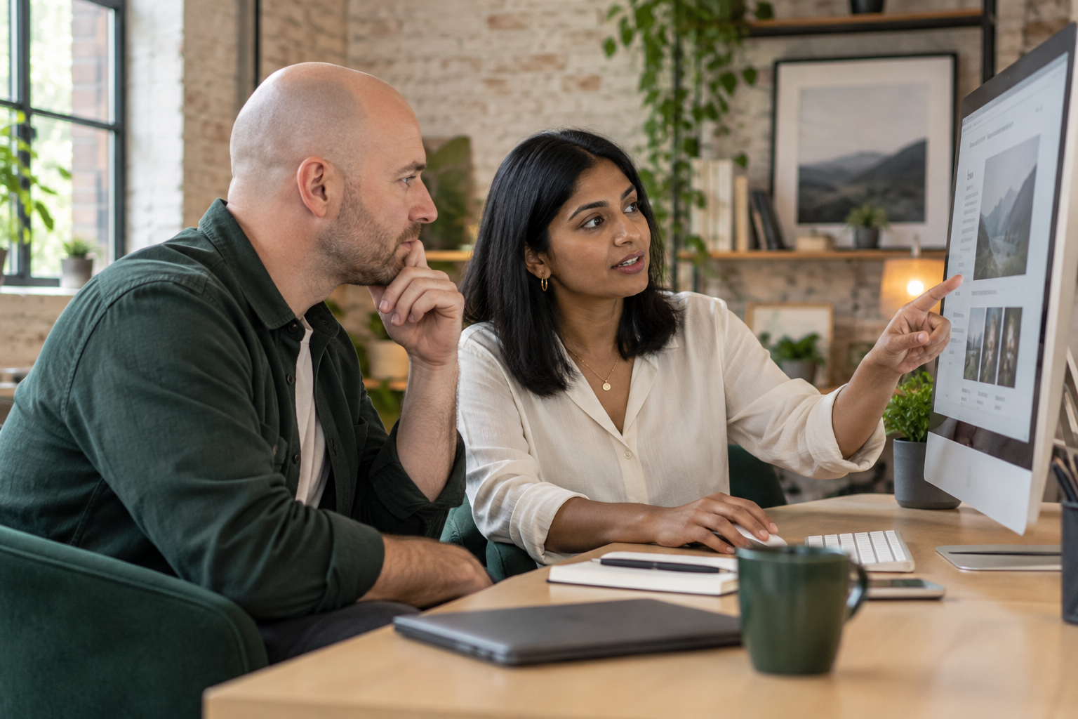 Two colleagues reviewing a website on a desktop computer