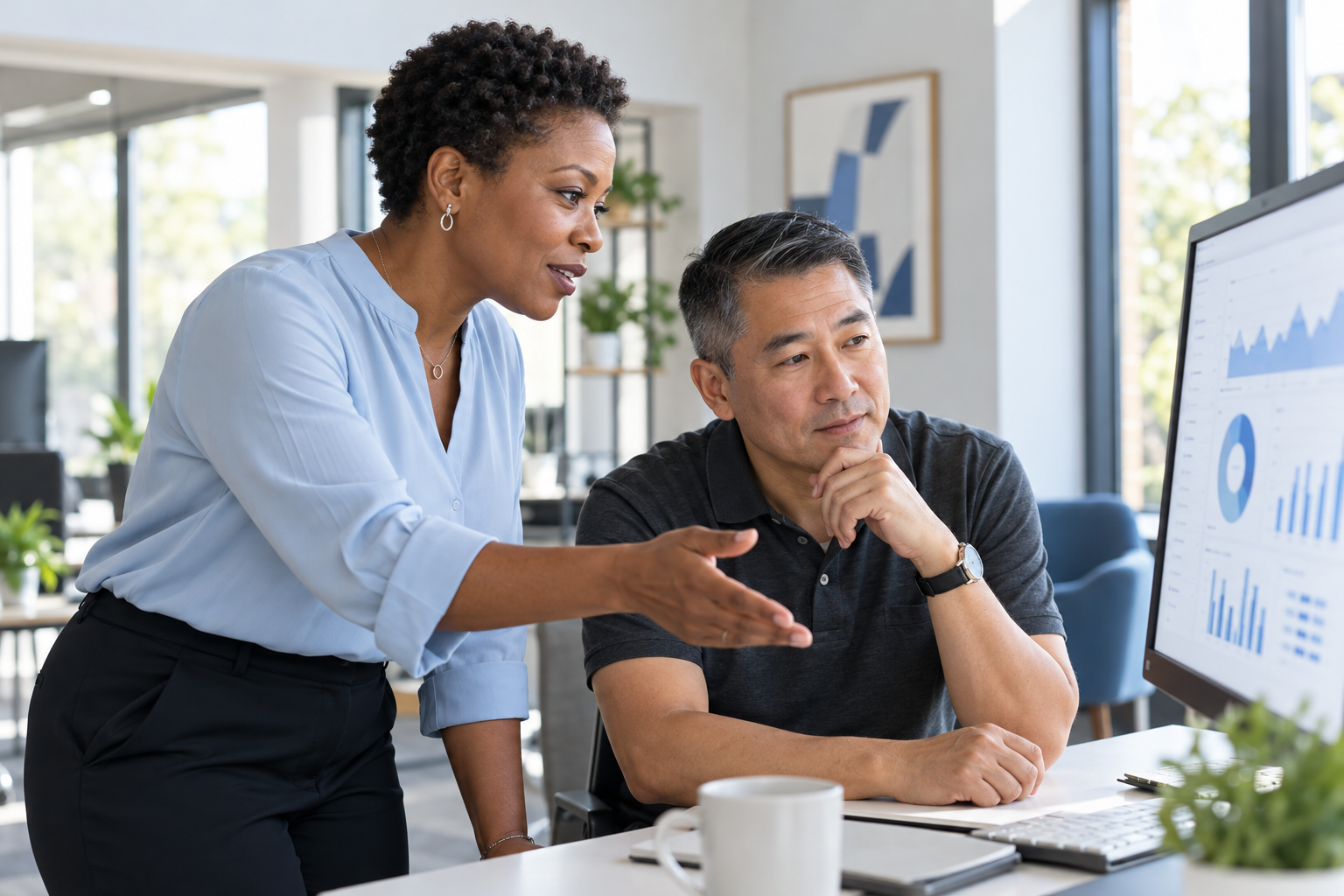 Two colleagues reviewing campaign charts on a desktop monitor