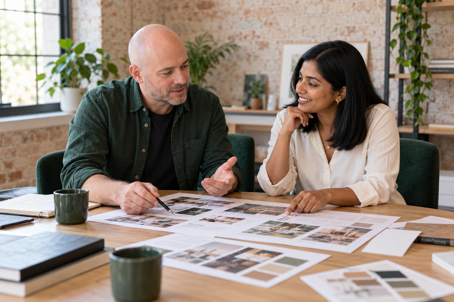 Two colleagues discussing printed website page layouts