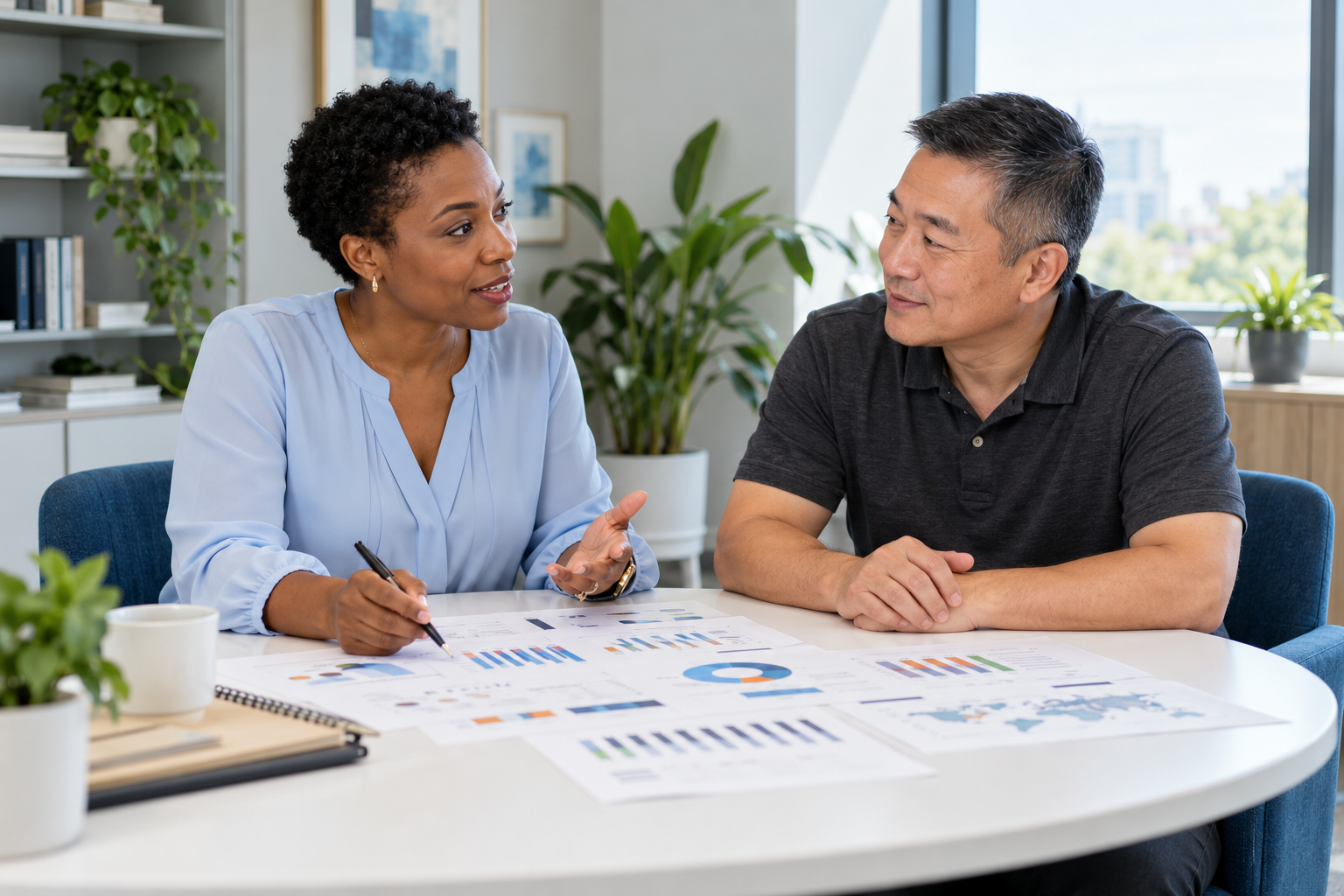 Two colleagues discussing printed marketing charts at a table